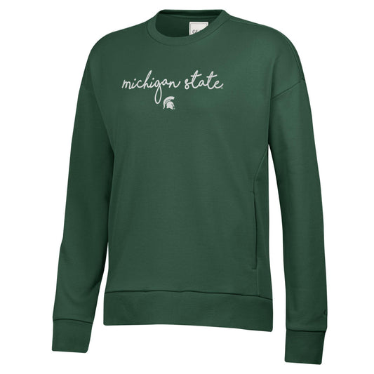 Dark green crewneck sweatshirt featuring a white script “michigan state” wordmark centered across the chest with a small Spartan helmet logo beneath. The sweatshirt has a relaxed fit with dropped shoulders, rib-knit collar, cuffs, and hem.
