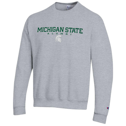 A gray fleece crewneck sweatshirt with green text reading "Michigan State Alumni"