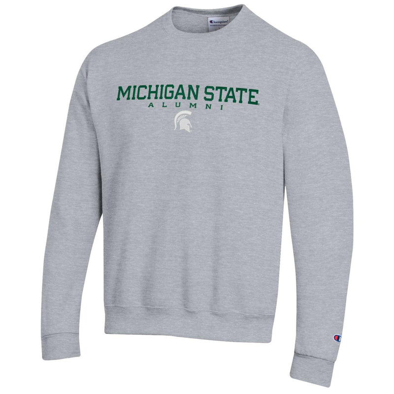 A gray fleece crewneck sweatshirt with green text reading "Michigan State Alumni"