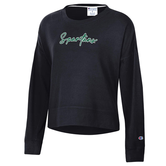 A black Champion brand women's pullover with 'Spartans' written in a cursive script in green on the front.