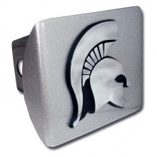 Rectangle chrome hitch cover. Center of the hitch is a chrome spartan helmet. 