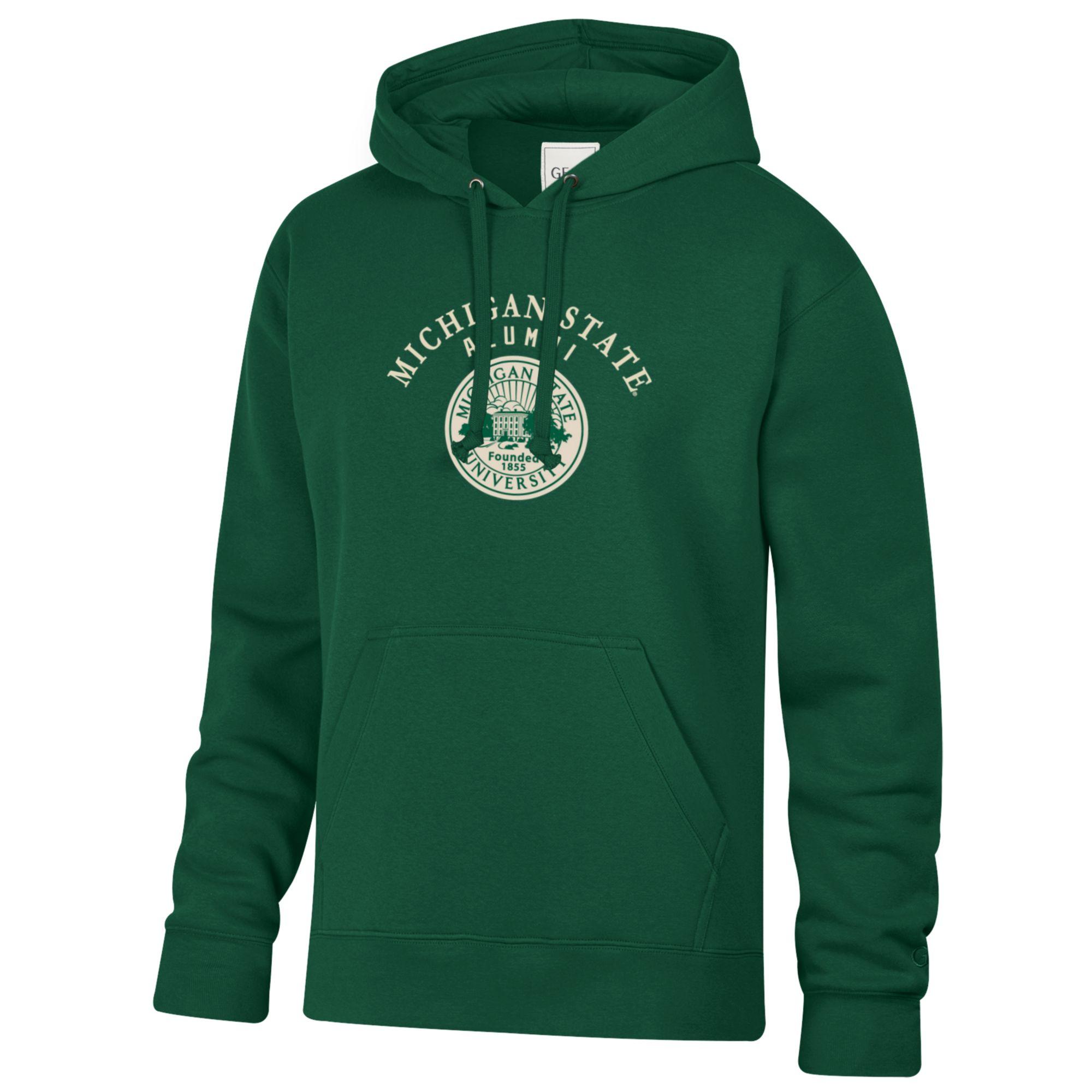 Green hoodie with Michigan State University Alumni logo on a white background