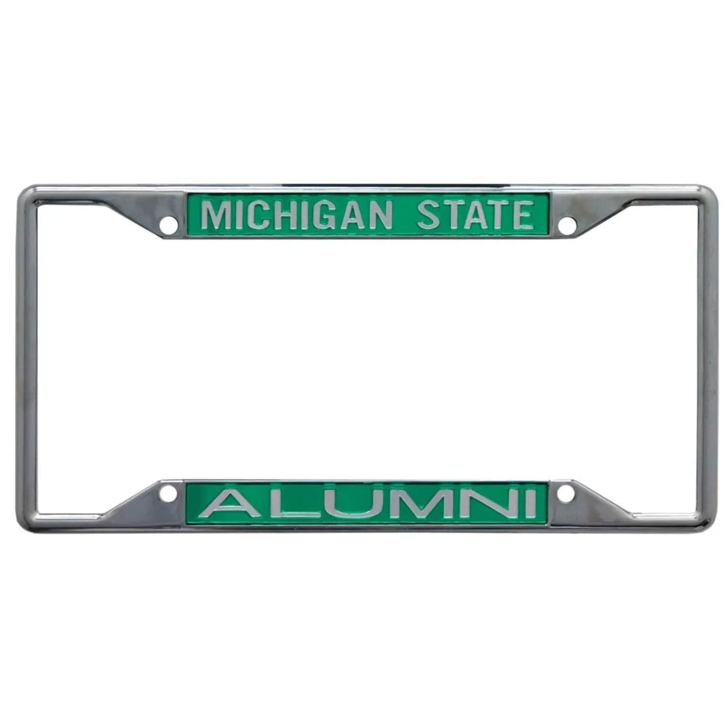 Chrome license plate frame with green inserts featuring 'MICHIGAN STATE' in white text on the top and 'ALUMNI' in white text on the bottom.