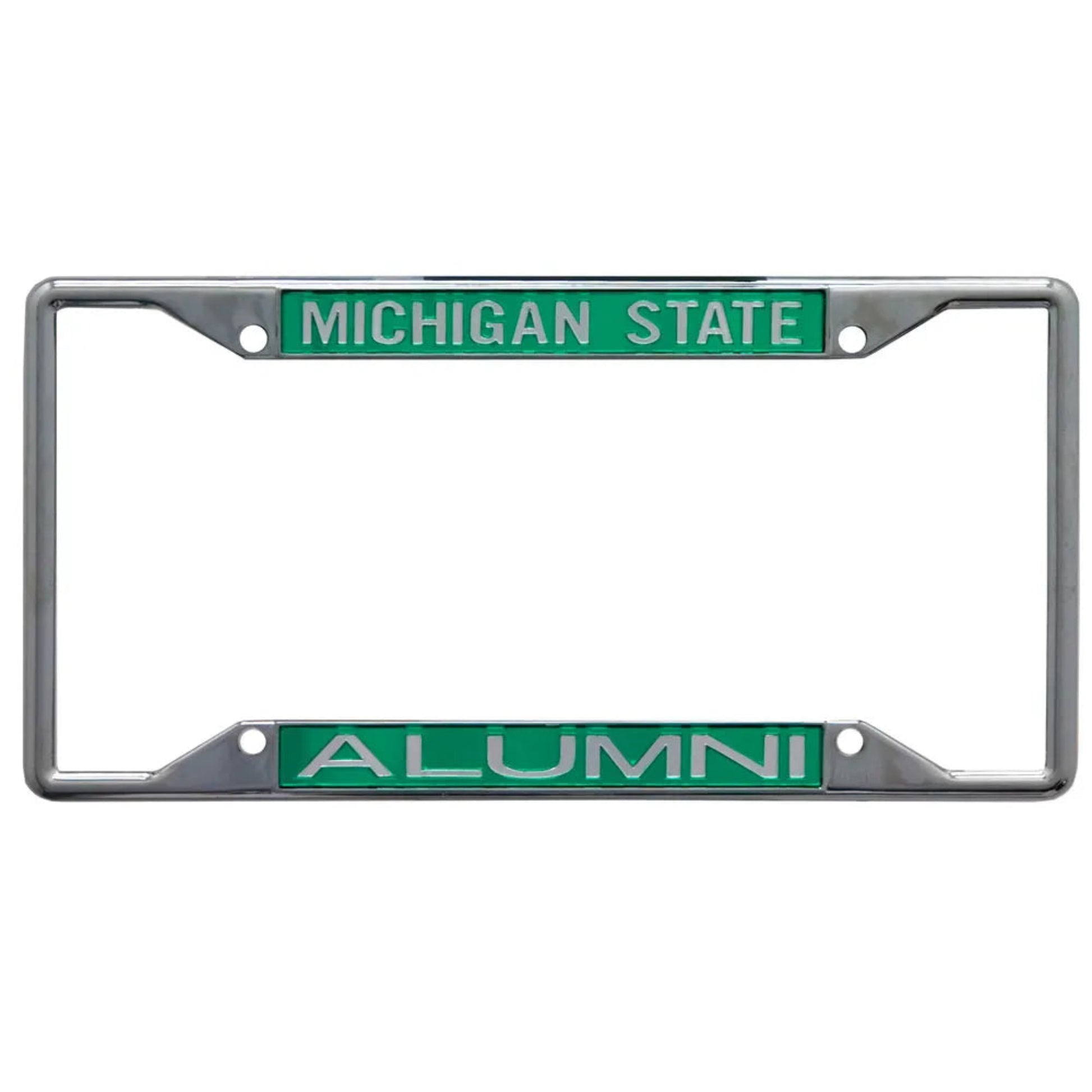 Chrome license plate frame with green inserts featuring 'MICHIGAN STATE' in white text on the top and 'ALUMNI' in white text on the bottom.