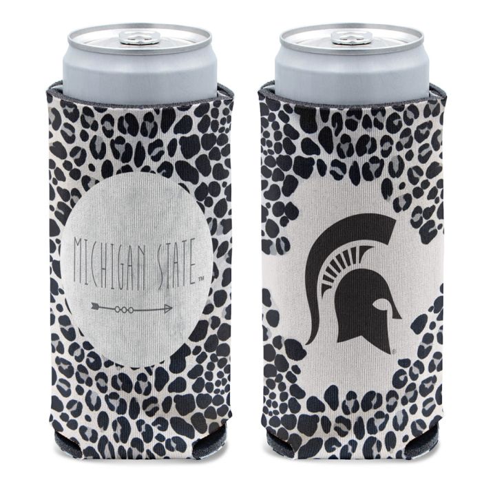 Two views of an animal print can cooler that reads "Michigan State" on one side and features a Spartan Helmet logo on the other.