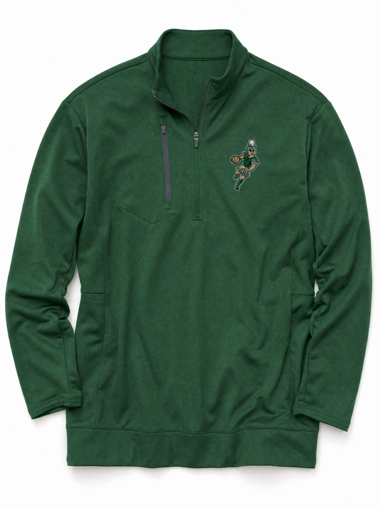 Michigan State Spartans green quarter-zip pullover featuring an embroidered vintage Basketball Sparty logo on the left chest, stand collar, contrast zipper trim, zippered chest pocket, and side pockets.