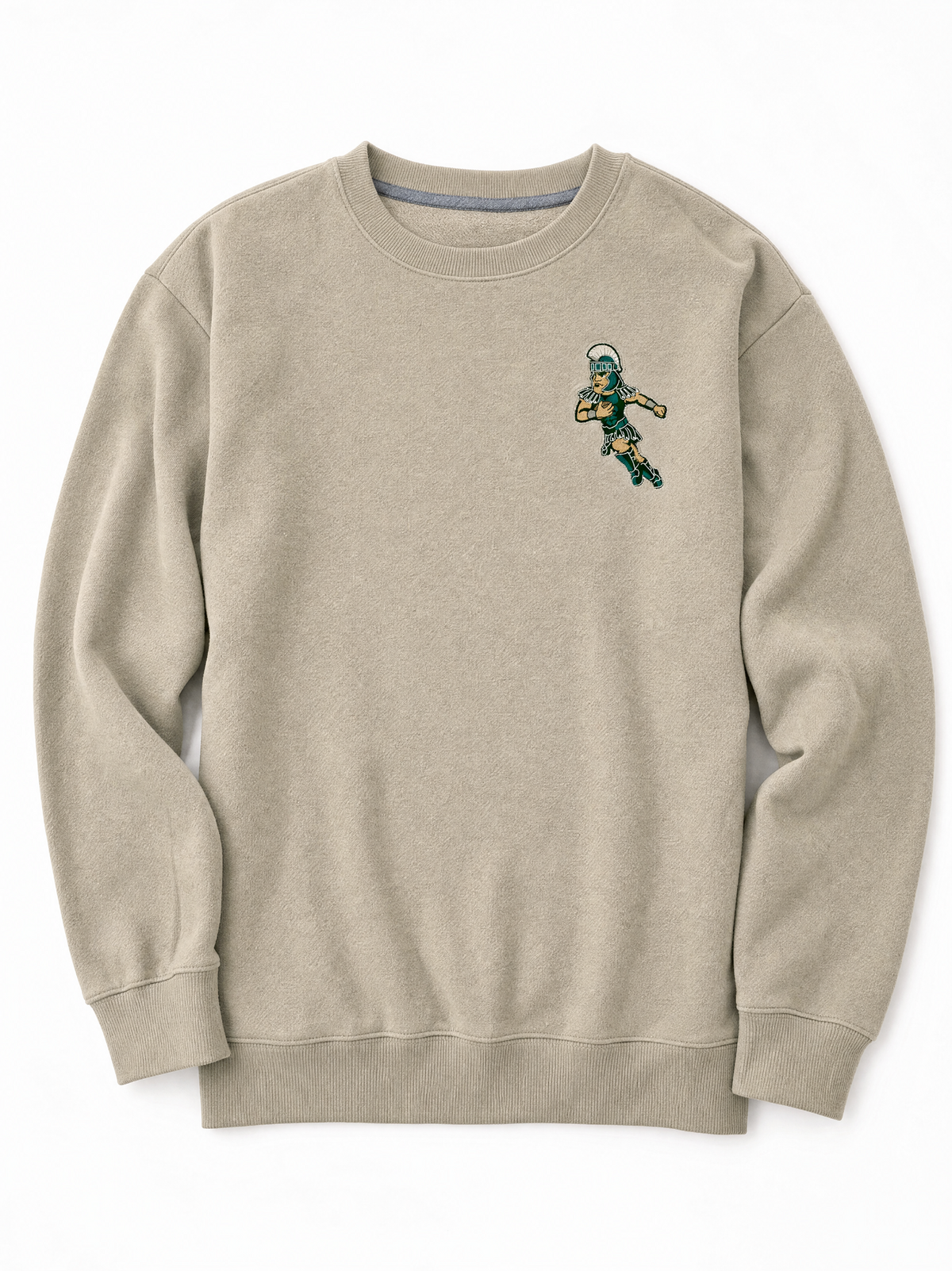 Light beige Michigan State Spartans crewneck sweatshirt featuring an embroidered Football Sparty logo on the left chest, with rib-knit collar, cuffs, and hem.