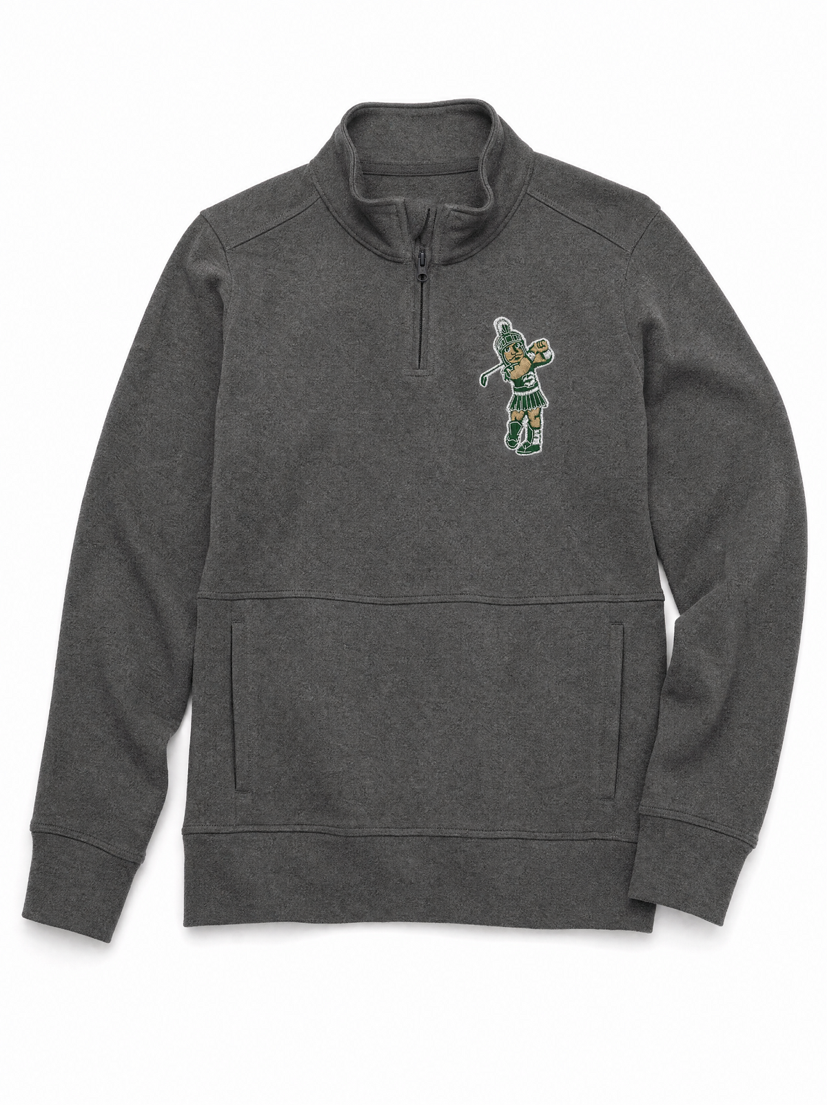 Charcoal gray Michigan State Spartans quarter-zip pullover featuring an embroidered vintage Sparty golfer logo on the left chest, with a stand collar, front zipper, ribbed cuffs, and side-entry kangaroo-style pockets.