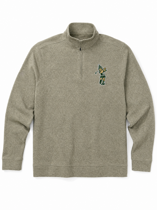 Michigan State Spartans tan quarter-zip pullover featuring an embroidered vintage Golf Sparty logo on the left chest, stand collar, and contrast zipper trim.