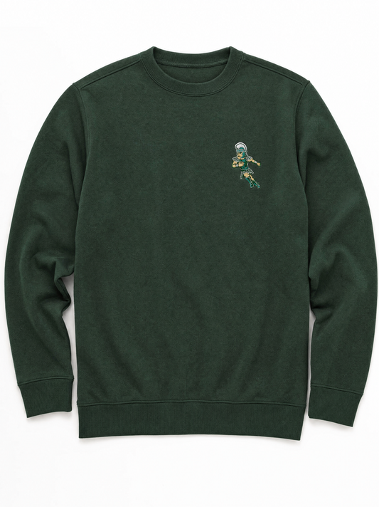 Green Michigan State Spartans crewneck sweatshirt featuring an embroidered Football Sparty logo on the left chest, with rib-knit collar, cuffs, and hem.