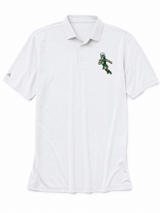 White Michigan State Spartans polo shirt featuring an embroidered vintage Running Sparty logo on the left chest, two-button placket, short sleeves, and a self-fabric collar.