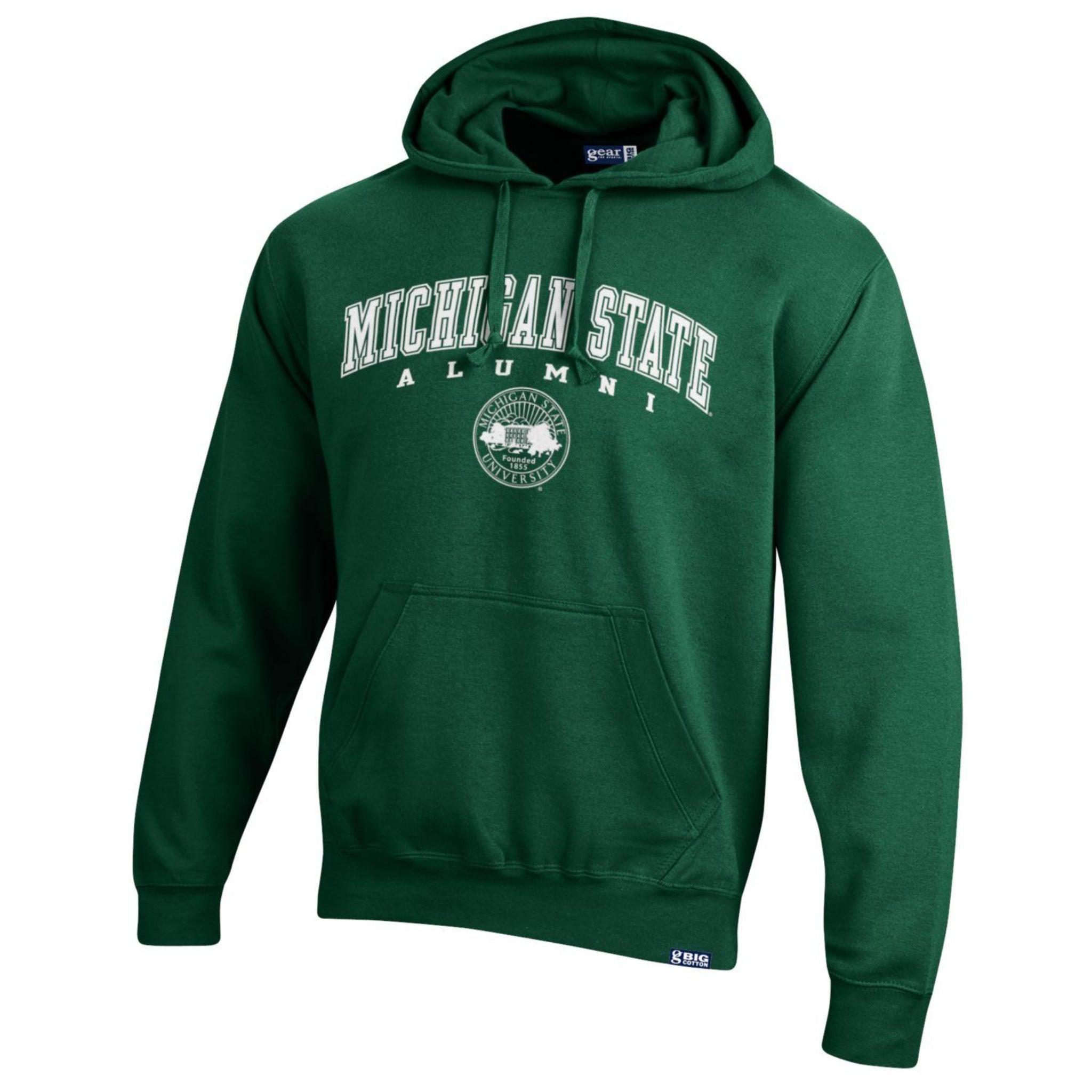 A green hoodie that reads "Michigan State alumni" in white above the Michigan State University seal also in white.
