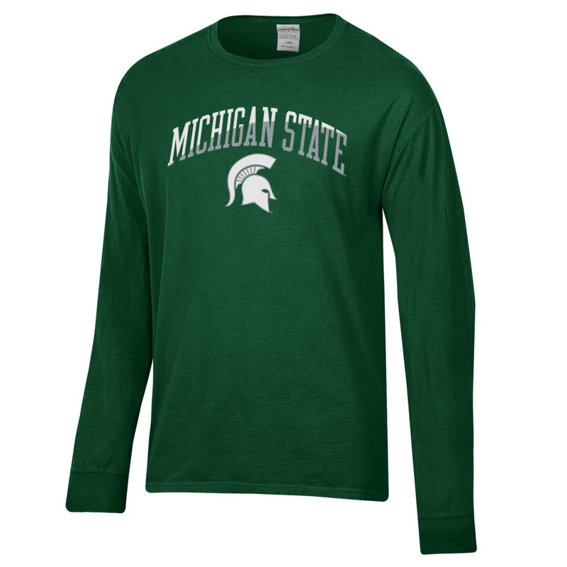 A green long sleeve t-shirt with white and gray text that reads "Michigan State" above a white Spartan helmet logo.
