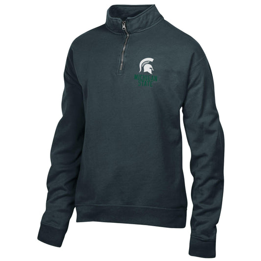 Dark green quarter-zip pullover sweatshirt featuring a mock neck collar and silver zipper closure. The left chest displays a white Spartan helmet logo above a green “MICHIGAN STATE” wordmark. The long-sleeve pullover has rib-knit cuffs and hem and is shown in a three-quarter front view.