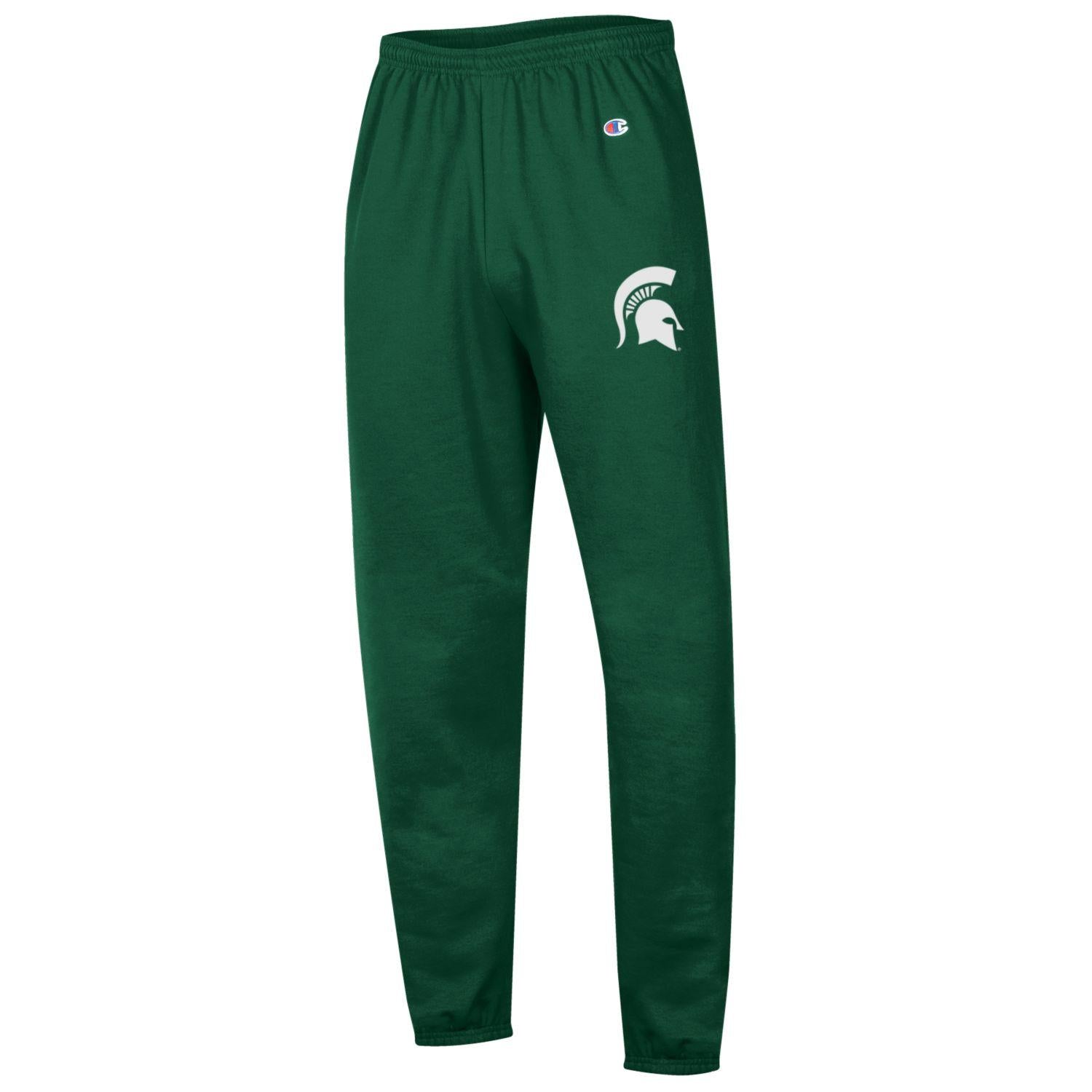 Green sweatpants with a white Spartan helmet logo on the left leg.