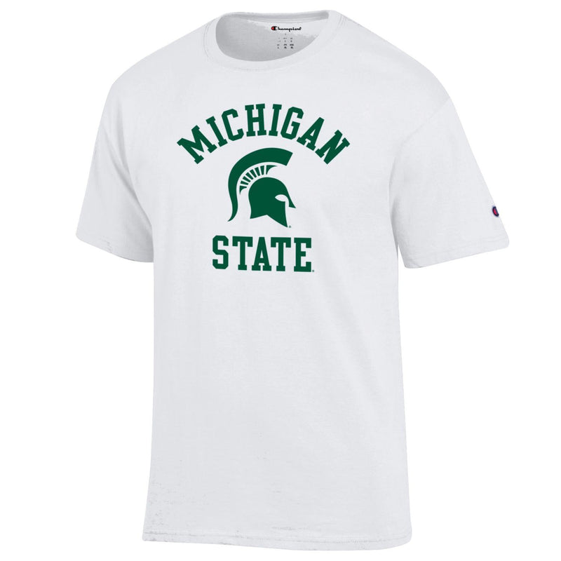A white t-shirt with the words "Michigan State" and a Spartan helmet logo in the center in green.