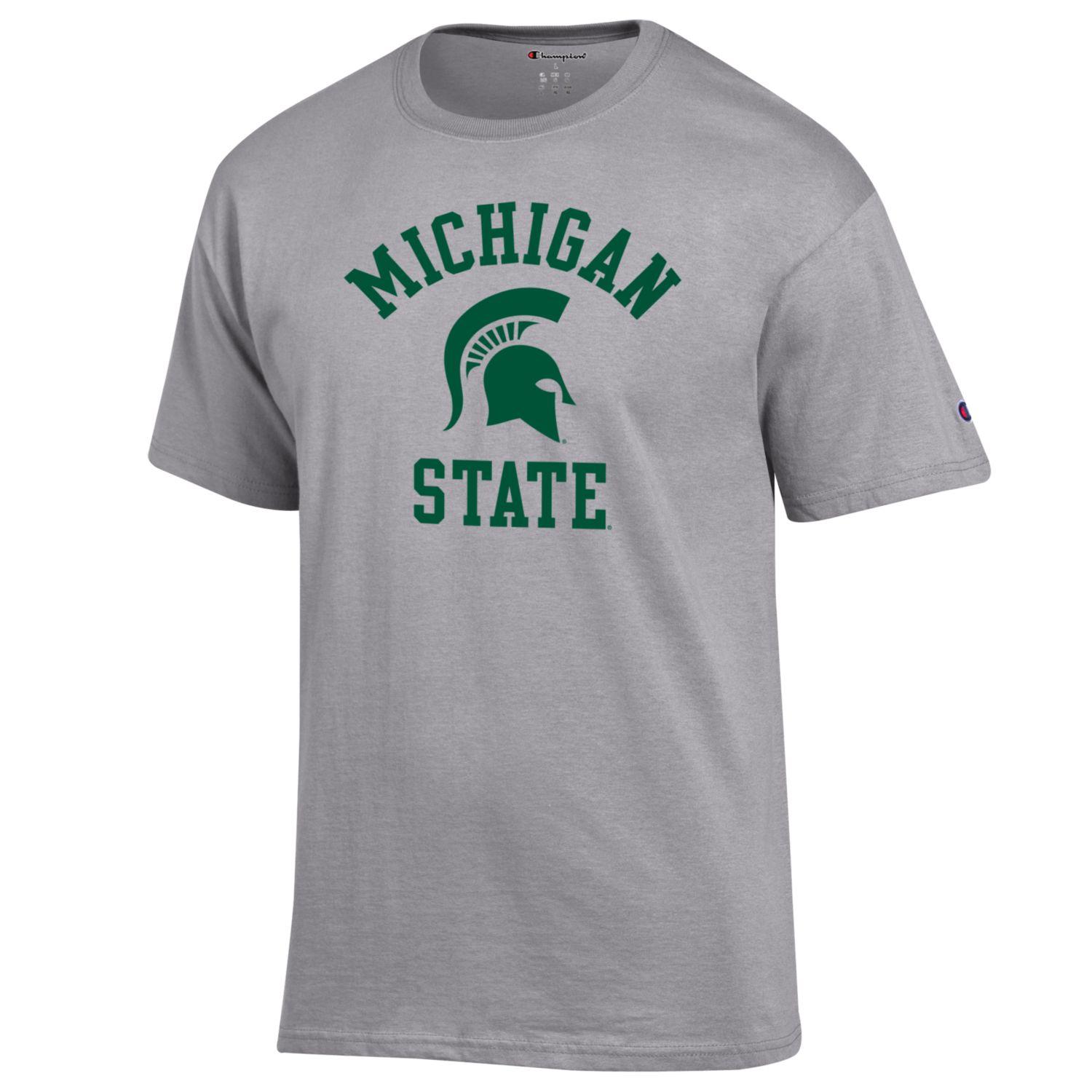 A gray t-shirt with the words "Michigan State" and a Spartan helmet logo in the center in green.