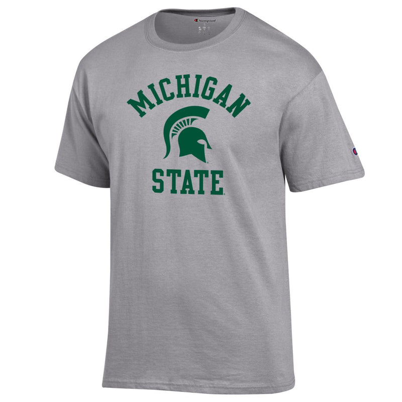A gray t-shirt with the words "Michigan State" and a Spartan helmet logo in the center in green.