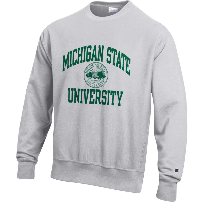 A gray crewneck sweatshirt with the MSU seal and the words "Michigan State University" in green.