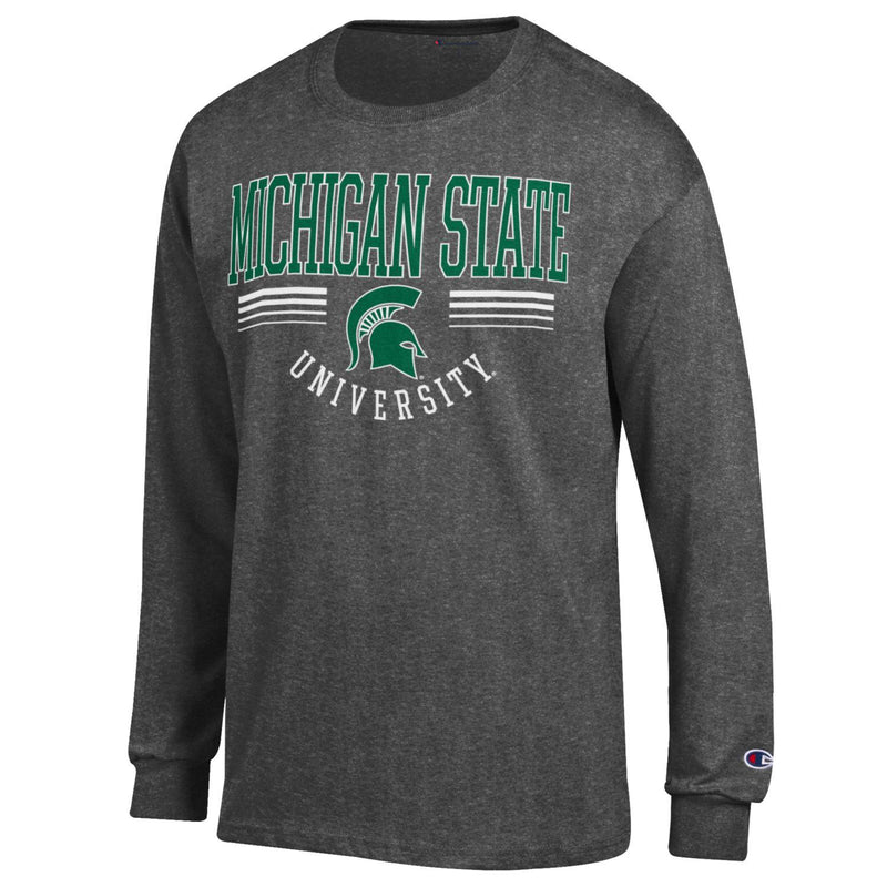 A dark gray long sleeve t-shirt with a design that reads "Michigan State" in green and "University" in white. In the center is a green Spartan helmet logo.