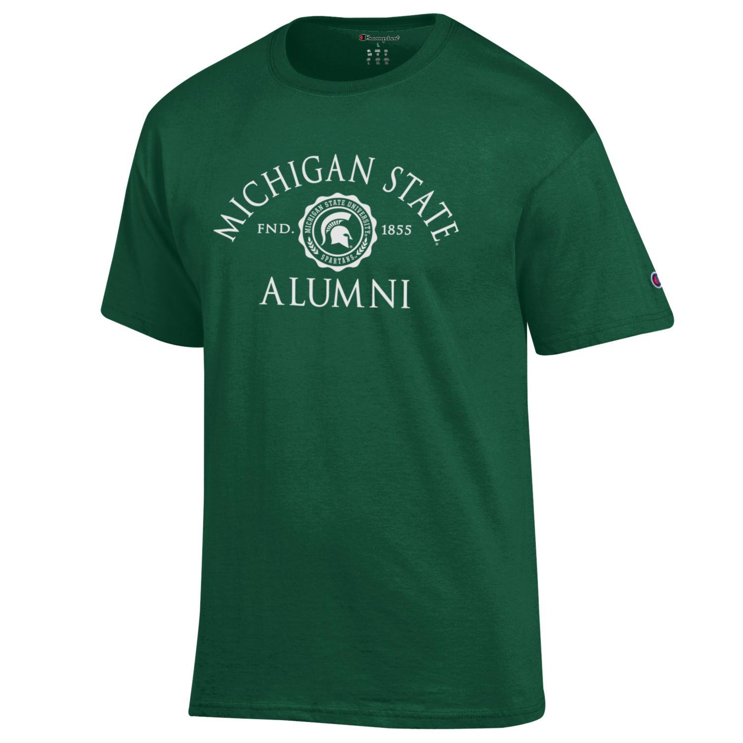 A green t-shirt that reads "Michigan State Alumni" with a seal featuring the Spartan helmet logo in the center.