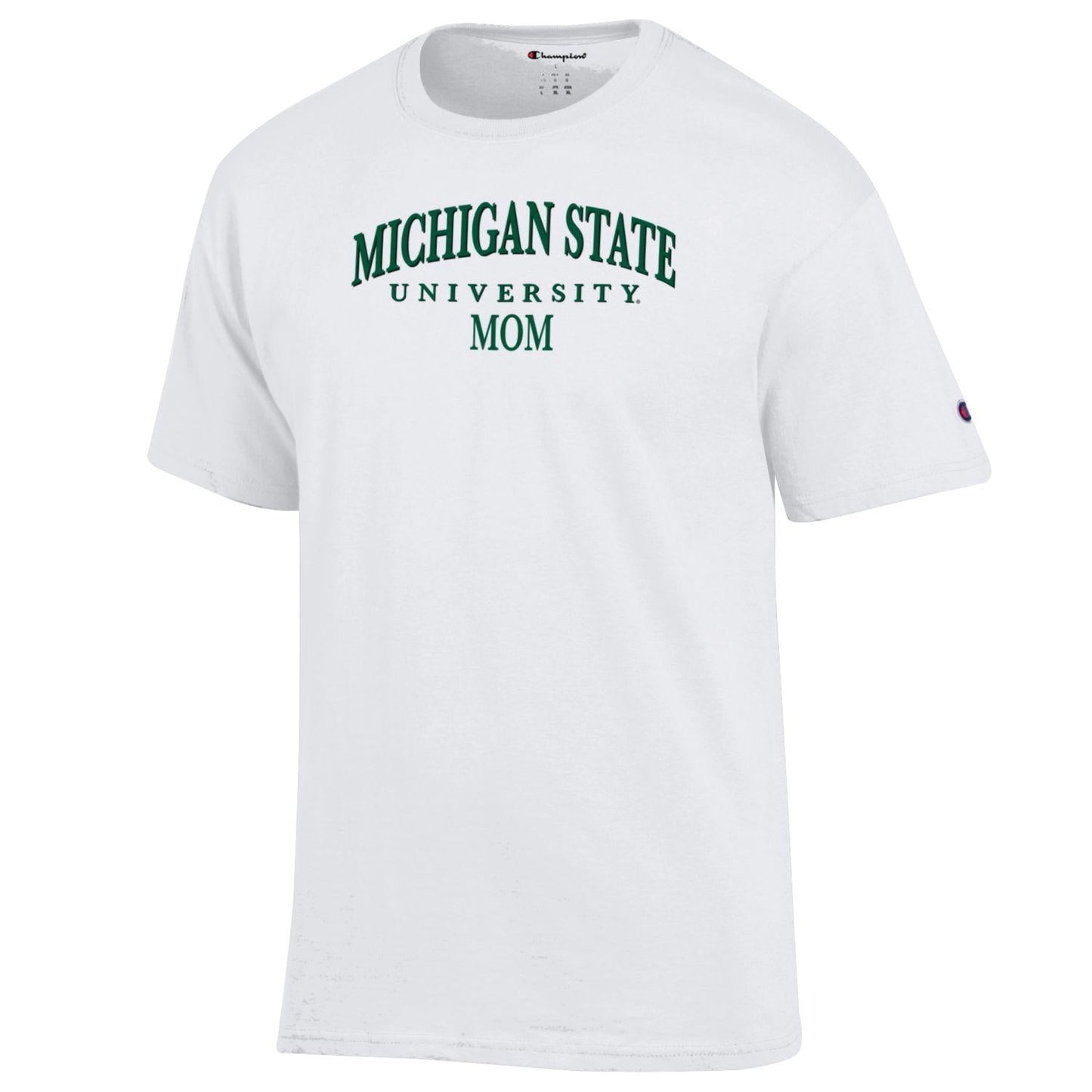 A white T-shirt that reads "Michigan State University Mom" in green.