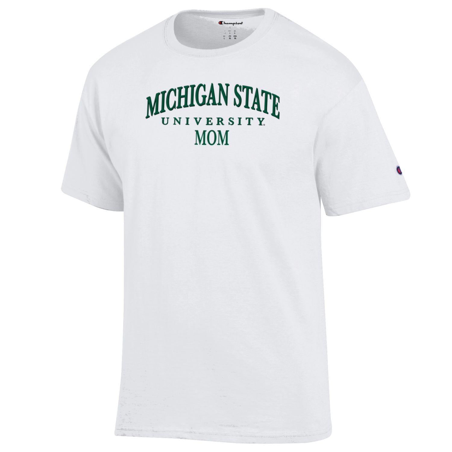 A white t-shirt that reads "Michigan State University Mom" in green.