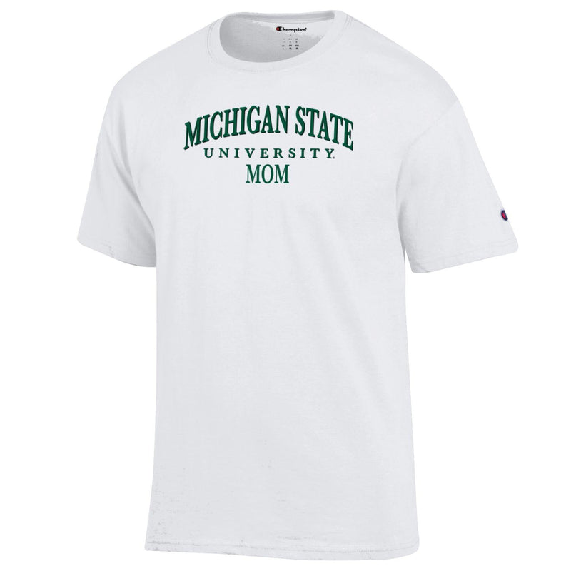 A white t-shirt that reads "Michigan State University Mom" in green.