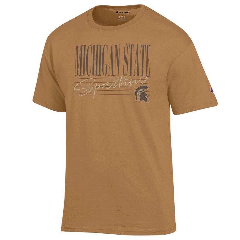 A brown t-shirt with the words "Michigan State Spartans" and a Spartan helmet logo.