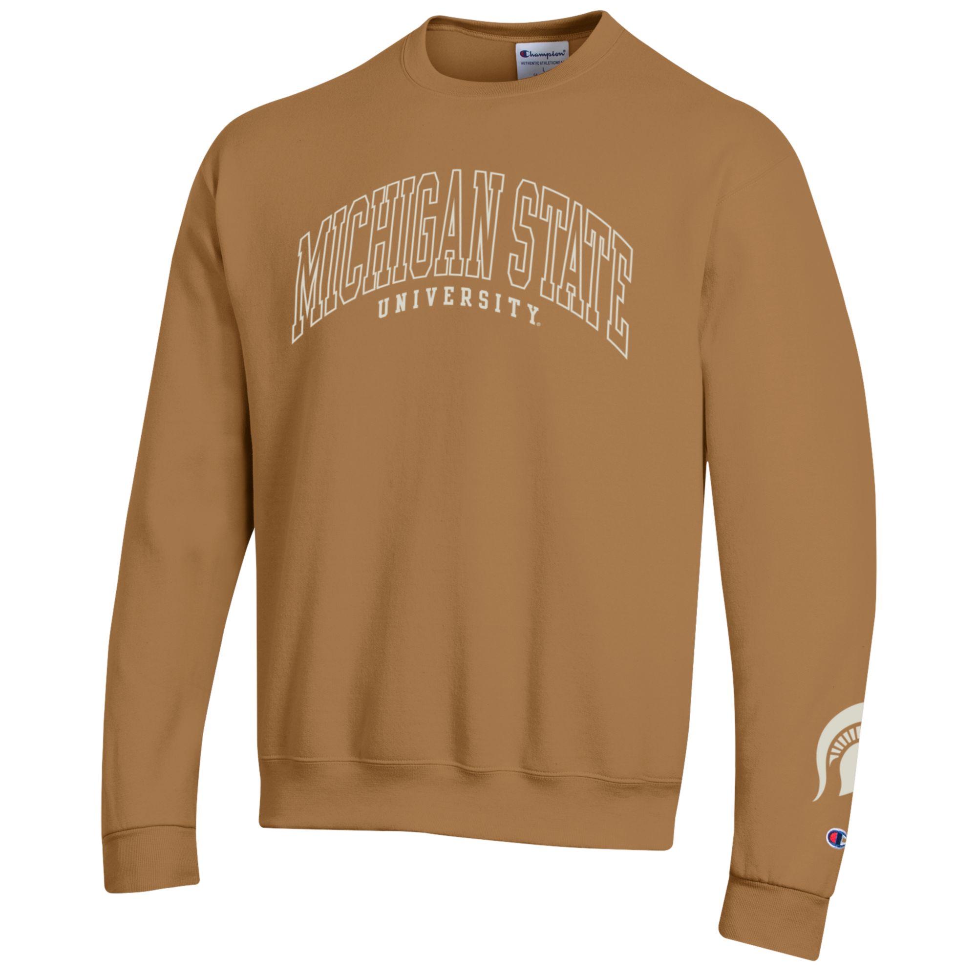 A brown crewneck with an arched Michigan State University wordmark in white.