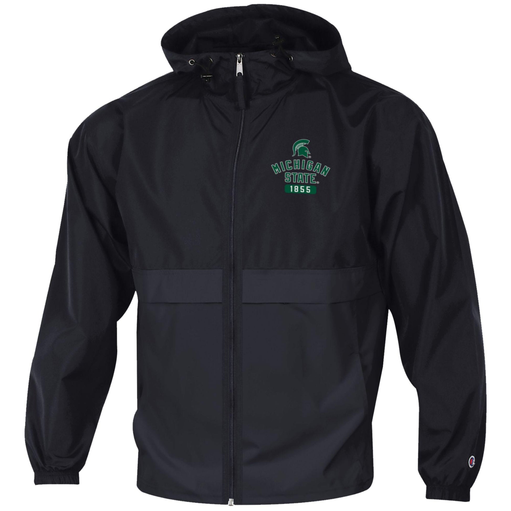 Black full zip rain jacket with an adjustable hood and hem, a front pocket, and synched arm cuffs. On the upper left chest is a green Spartan Helmet logo, "Michigan State" wordmark, and the year "1855" printed on. 