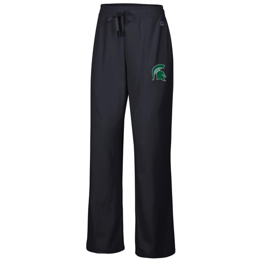 Black pants with a white outlined Spartan Helmet logo on left leg. 

