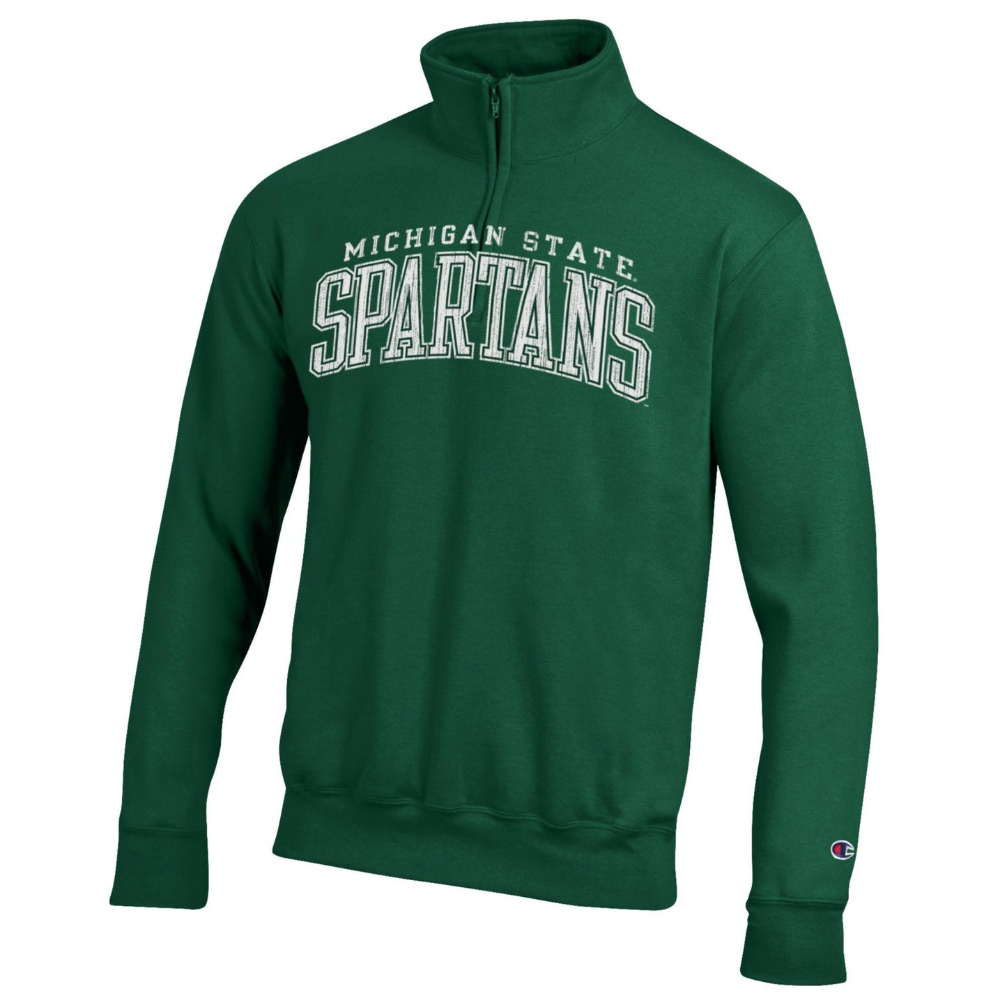 Green quarter-zip with white text that reads "Michigan State Spartans" and the Champion logo embroidered on the lower left sleeve. 