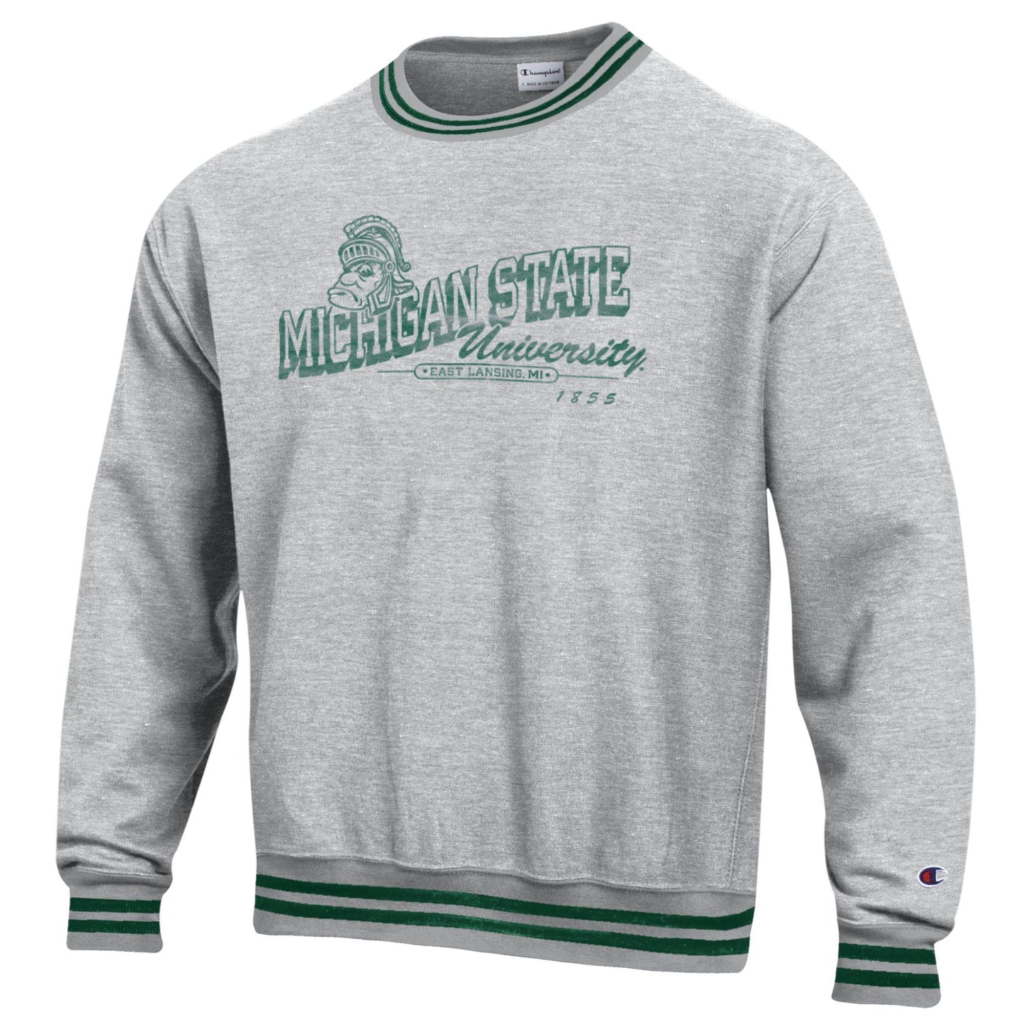 Gray Champion Michigan State University crewneck sweatshirt with green striped ribbed collar, cuffs, and hem, featuring a vintage-style Spartan helmet and Michigan State University graphic on the front.