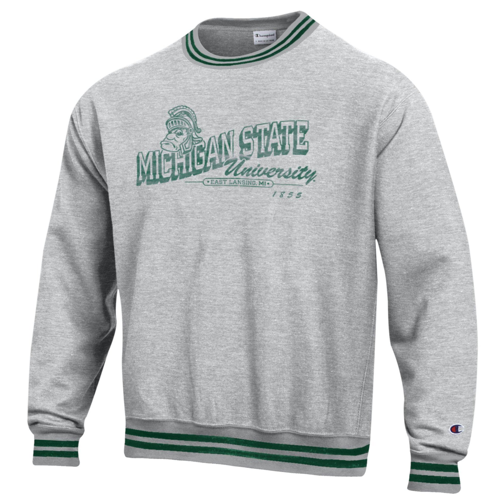 Gray Champion Michigan State University crewneck sweatshirt with green striped ribbed collar, cuffs, and hem, featuring a vintage-style Spartan helmet and Michigan State University graphic on the front.