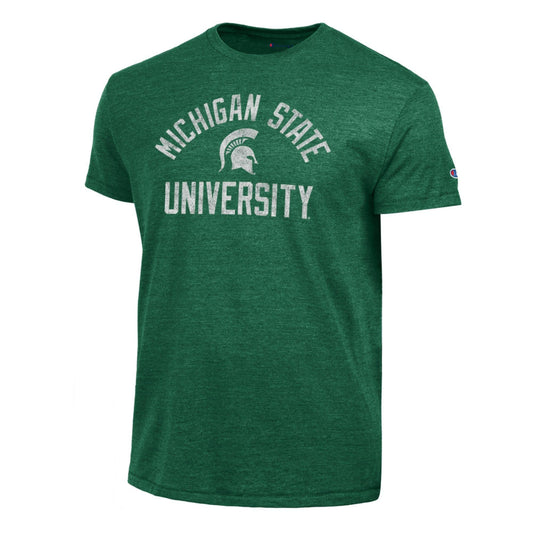 Green heather short-sleeve Michigan State University Champion T-shirt featuring distressed white "Michigan State University" lettering with the Spartan helmet logo centered on the chest and a Champion logo patch on the left sleeve.