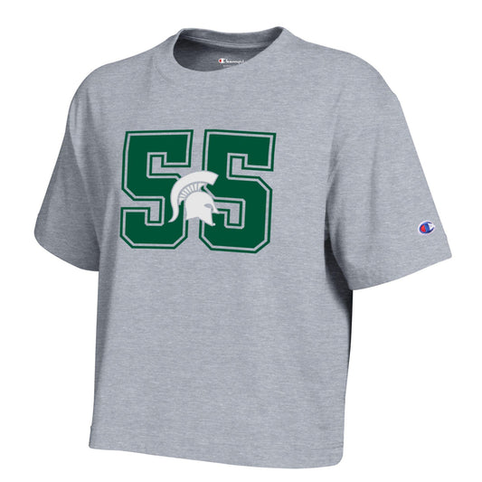 Gray Michigan State Spartans T-shirt featuring a large green “55” graphic with a white Spartans helmet logo on the front and a Champion logo on the sleeve.