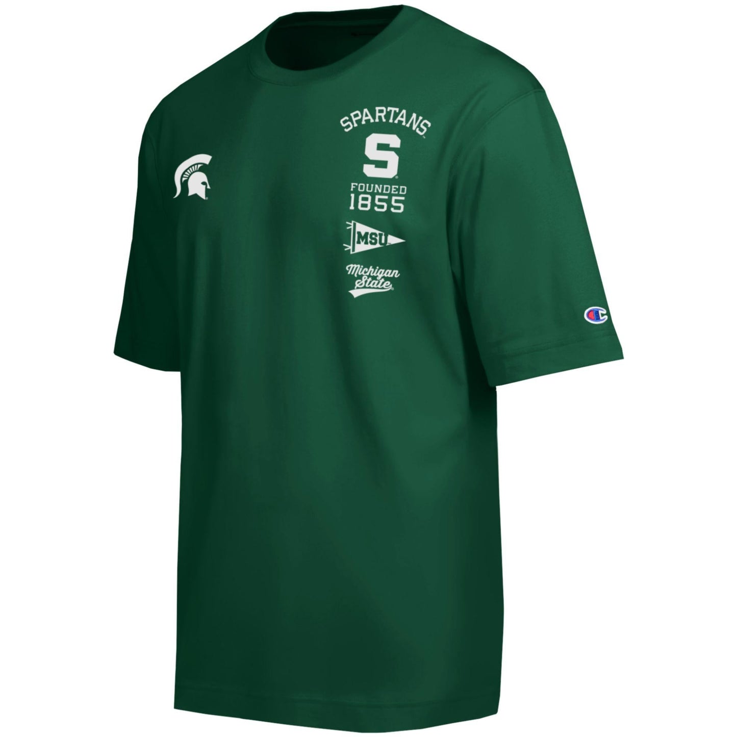 Dark green Michigan State Spartans T-shirt featuring white Spartans, Spartan helmet, “Founded 1855,” MSU pennant, and Michigan State graphics on the front, with a Champion logo on the sleeve.