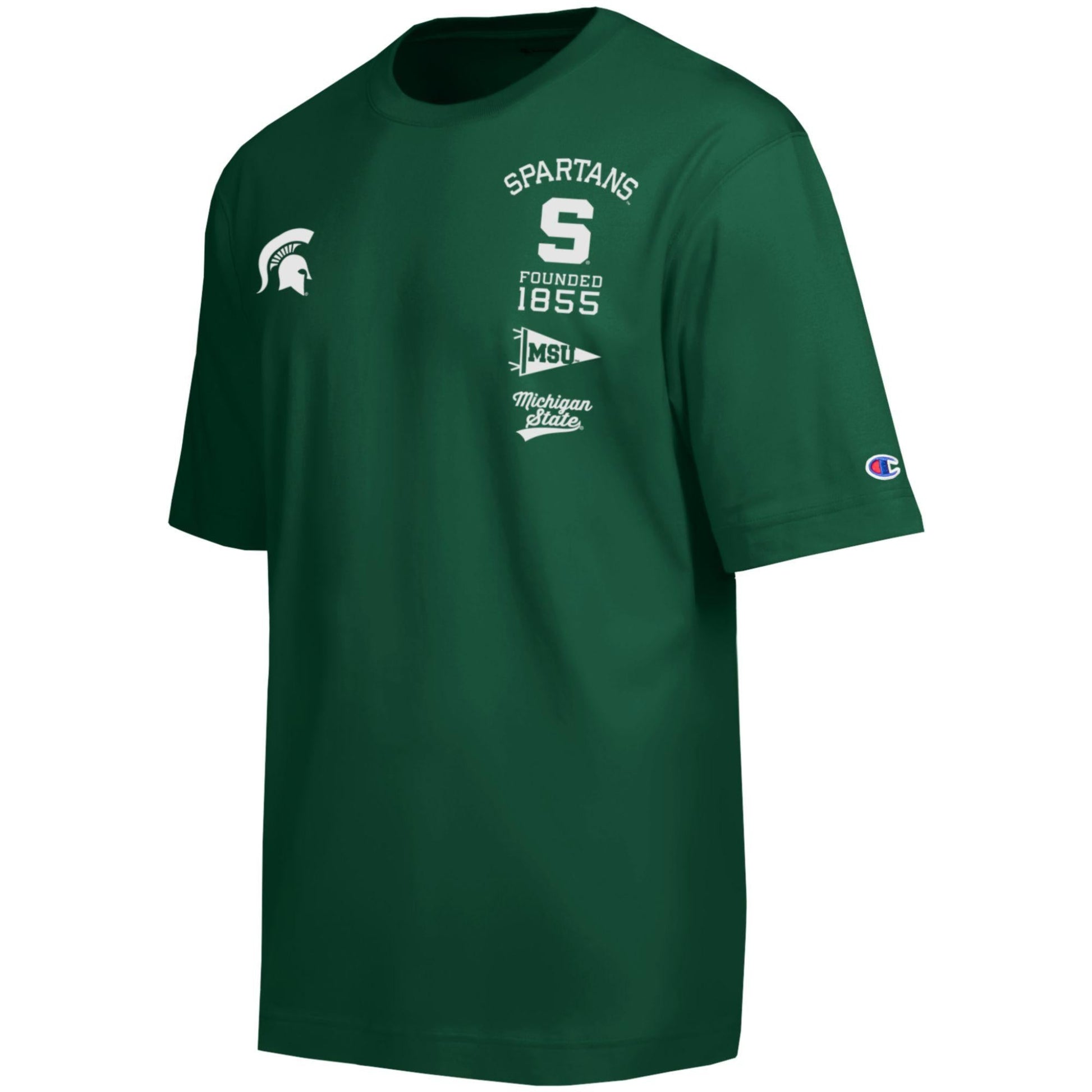 Dark green Michigan State Spartans T-shirt featuring white Spartans, Spartan helmet, “Founded 1855,” MSU pennant, and Michigan State graphics on the front, with a Champion logo on the sleeve.