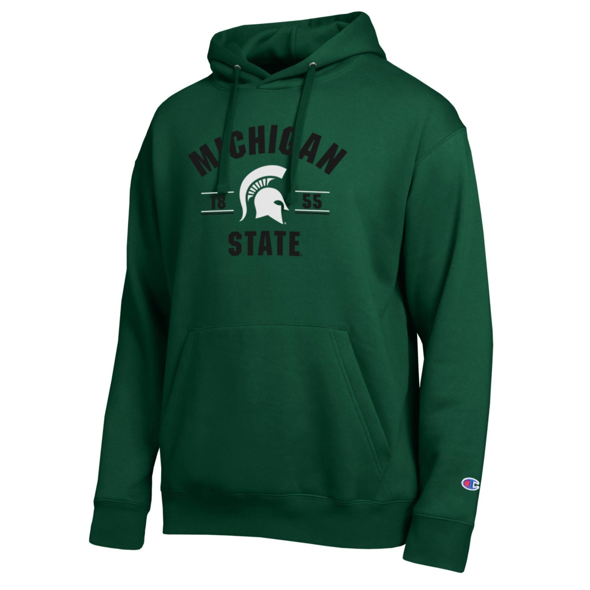 Dark green Champion pullover hoodie featuring a Michigan State Spartans graphic with the Spartan helmet logo centered between "18" and "55," "Michigan" arched above, and "State" below in black and white print. Includes an adjustable drawstring hood, front kangaroo pocket, ribbed cuffs and hem, and Champion logo embroidered on the left sleeve.