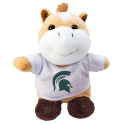 Small plush horse toy wearing a white T-shirt featuring the green Michigan State Spartan helmet logo on the front. The stuffed animal has a tan and white body, brown hooves, a short mane, and embroidered facial details. Product shown against a light gray background.