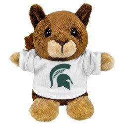 Small plush squirrel  toy wearing a white T-shirt featuring the green Michigan State Spartan helmet logo on the front. The stuffed animal has a tan and white body, brown hooves, a short mane, and embroidered facial details. Product shown against a light gray background.