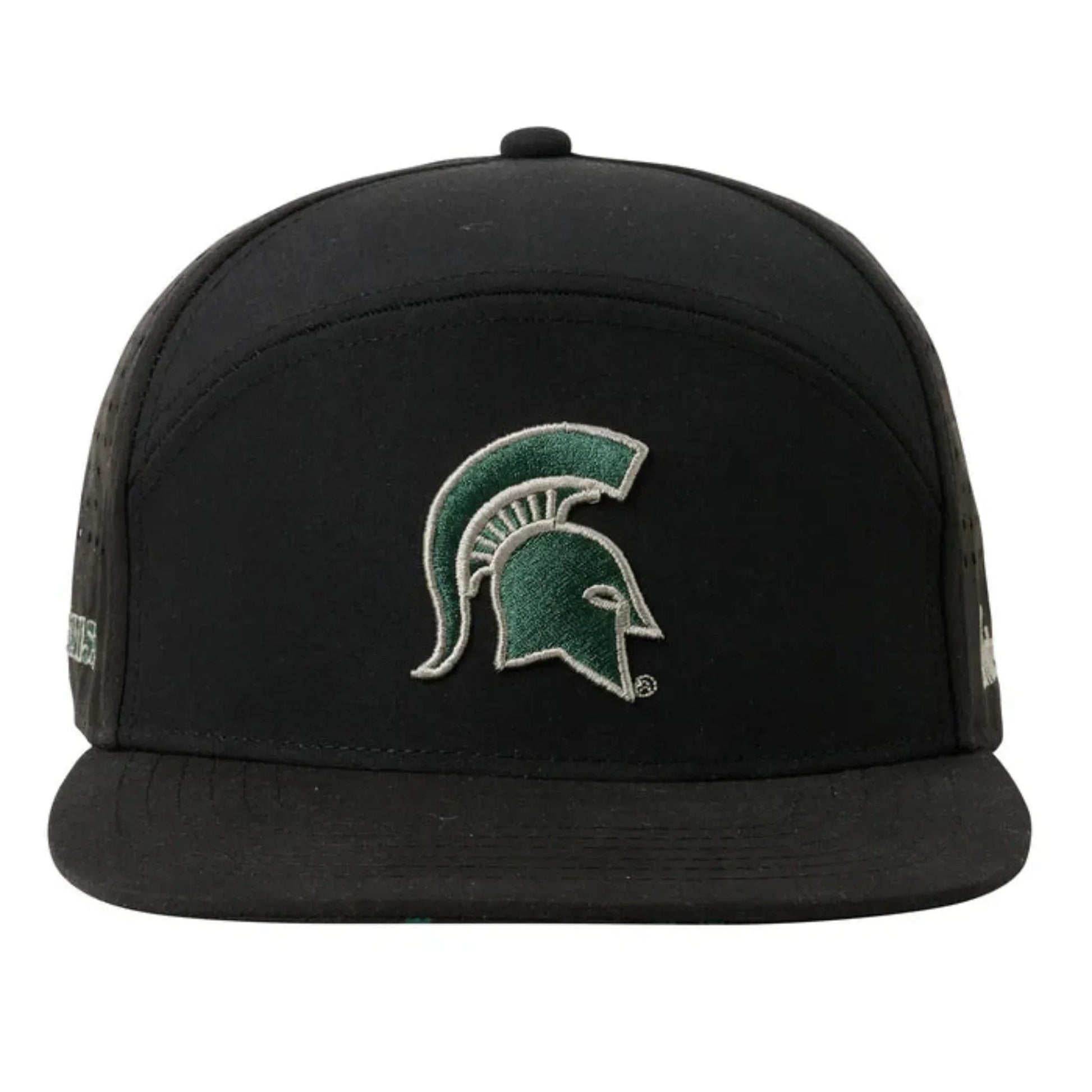 Black hat with green embroidered Spartan Helmet logo on front.