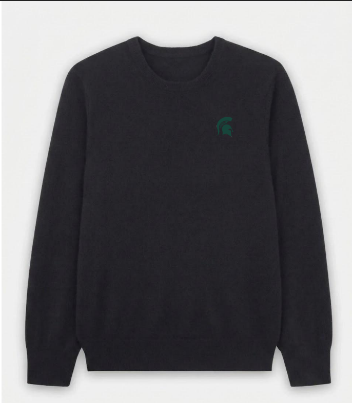 Black crew neck sweater. On left chest is a green embroidered Spartan helmet.