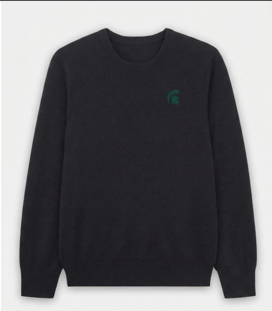 Black crew neck sweater. On left chest is a green embroidered Spartan helmet.