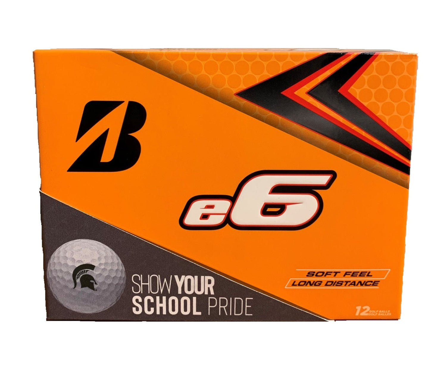 Orange packaging of Bridgestone e6 golf balls featuring an image of a white golf ball with a green Spartan helmet on it.