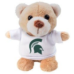 Small plush bear toy wearing a white T-shirt featuring the green Michigan State Spartan helmet logo on the front. The stuffed animal has a tan and white body, brown hooves, a short mane, and embroidered facial details. Product shown against a light gray background.