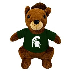 Brown plush squirrel wearing a green Michigan State shirt featuring the white Spartans helmet logo.