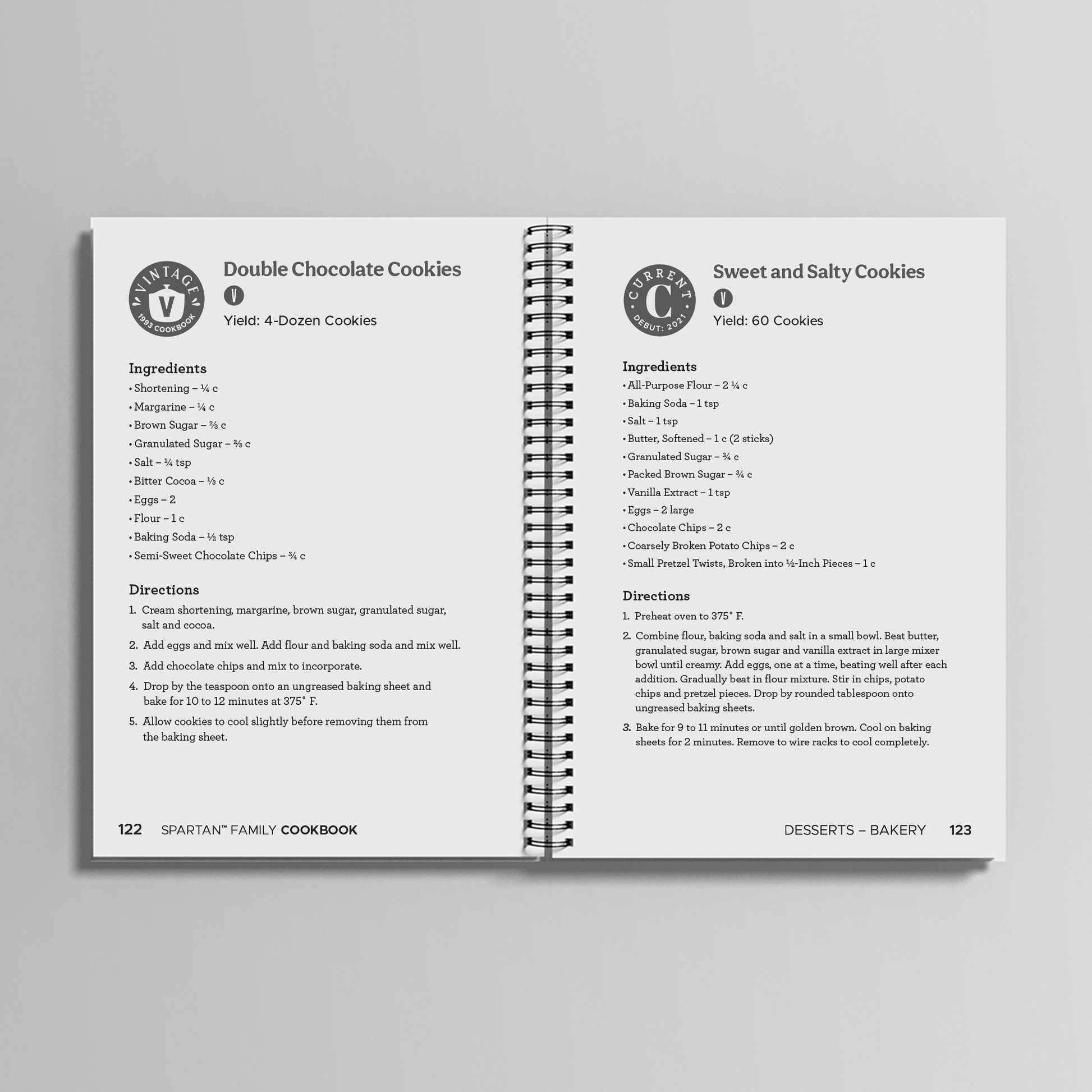 Inside of the The Spartan Family Cookbook, showing the recipes for Double Chocolate Cookies and Sweet and Salty Cookies. 