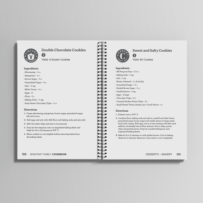 Inside of the The Spartan Family Cookbook, showing the recipes for Double Chocolate Cookies and Sweet and Salty Cookies. 